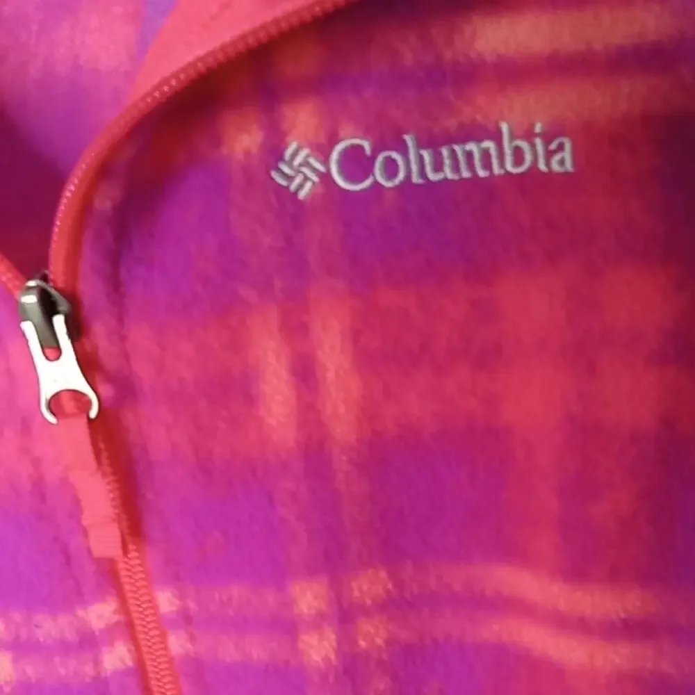 Columbia Girls Size Medium Pink and Orange Plaid Fleece Jacket. Athleisure, War